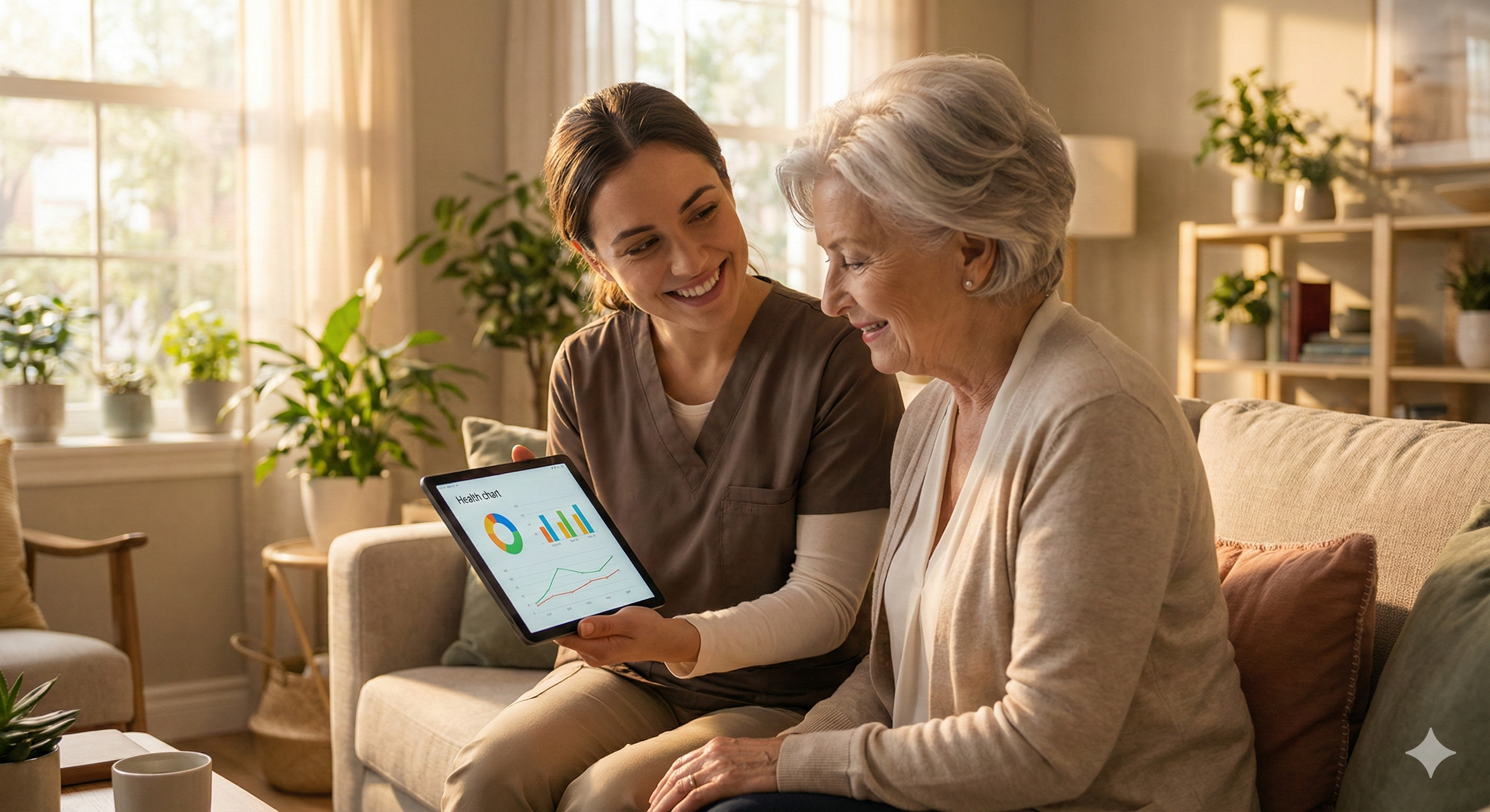 Cuidadora e idosa com tablet, representando a Geriatrónica humanizada